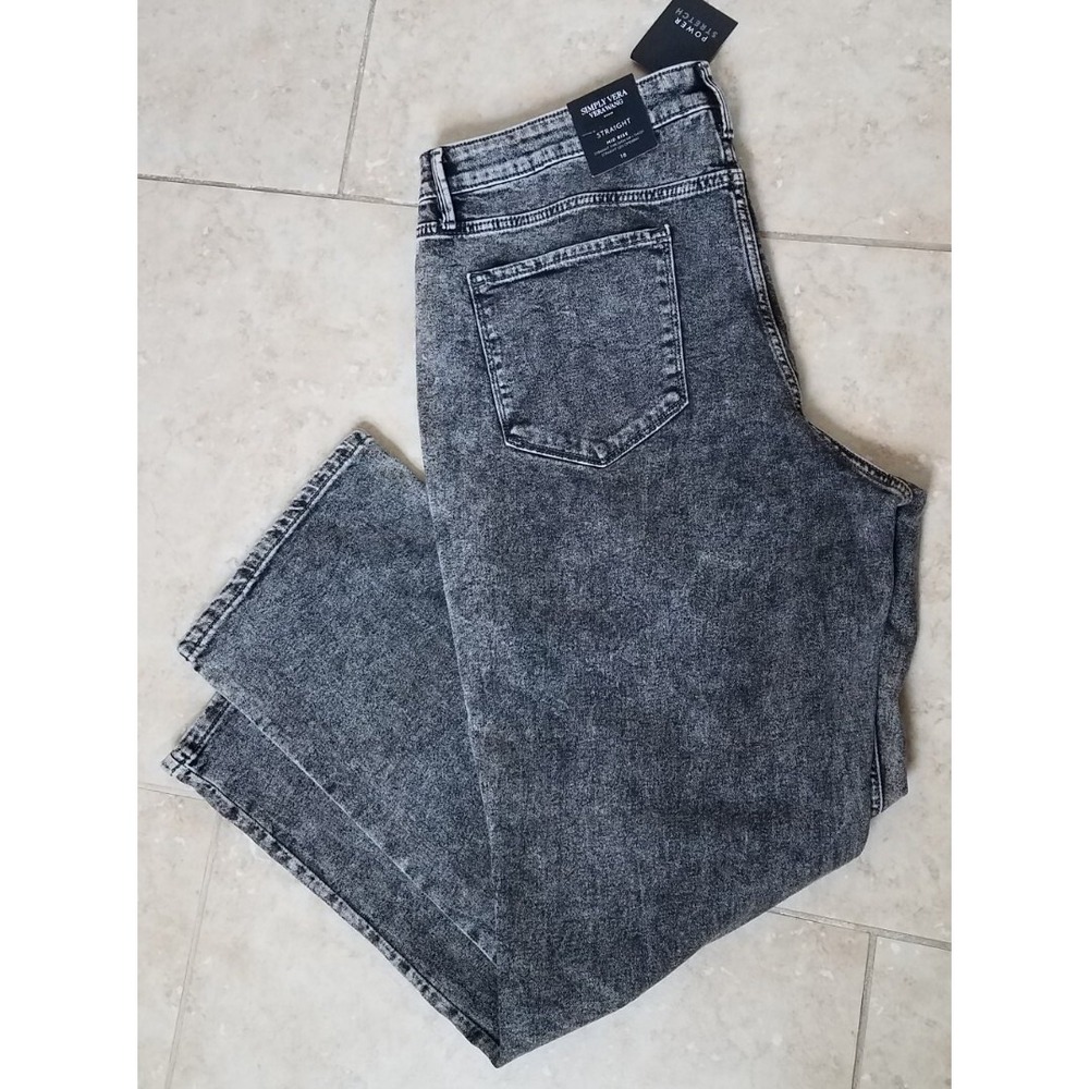 SimplyVera VeraWang Power Stretch Straight Leg Jeans Black Acid Pants sz 18 NEW